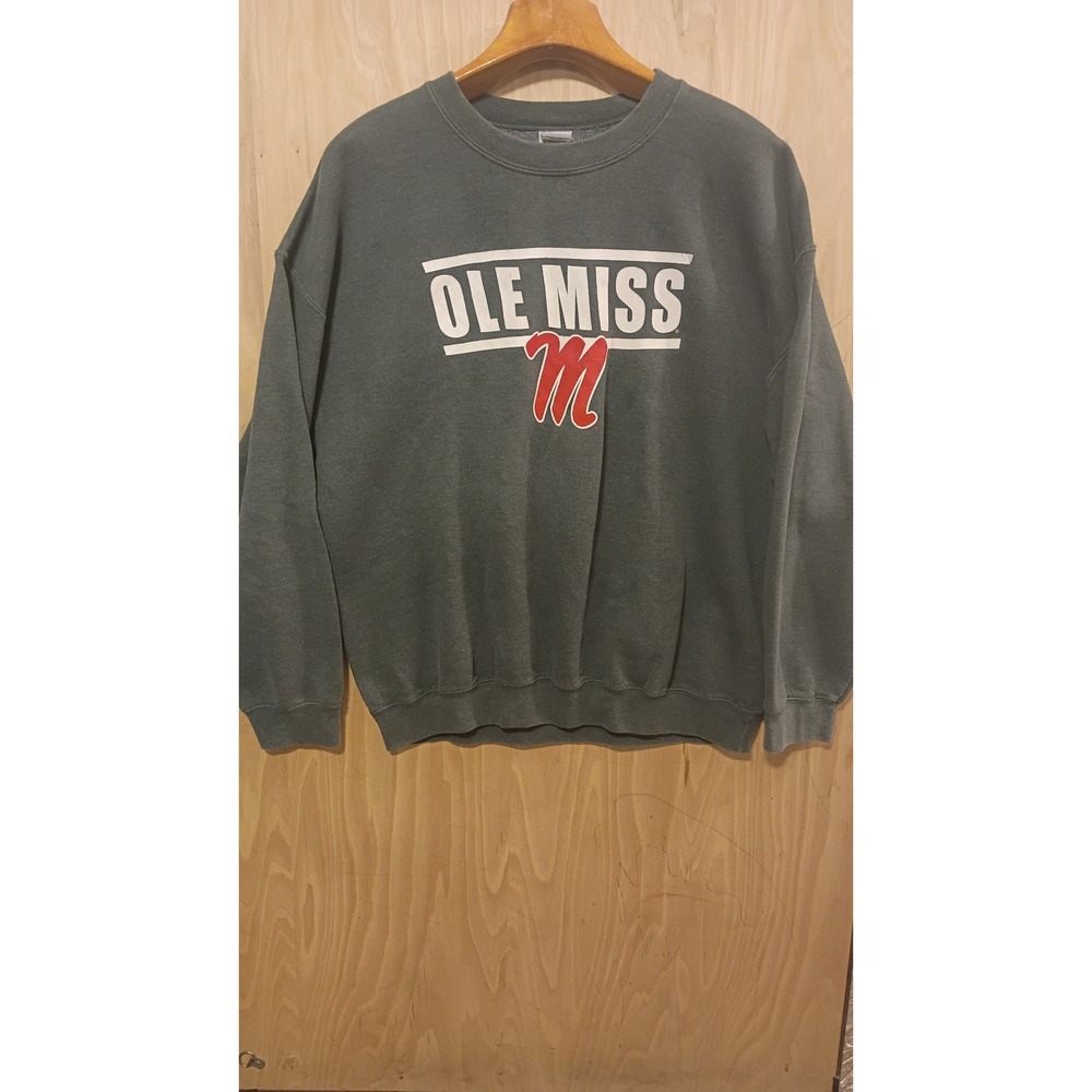Gildan Ole Miss Rebels Sweatshirt XL Charcoal Grey Y2K College Gear, Distressed.